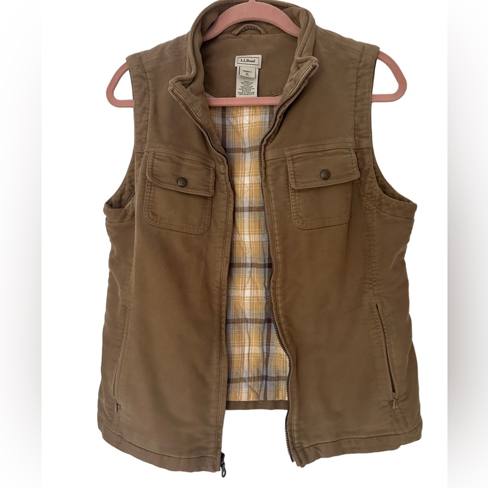 LL Bean Womens Brown Oversized Outerwear Vest Flannel Lined Size Medium